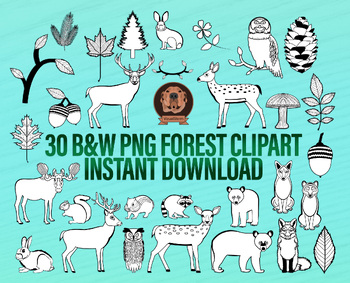 Preview of Forest Doodles Clipart Bundle - Black & White Plants and Animals For Coloring