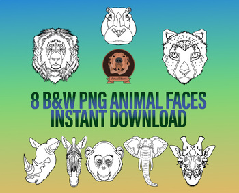 Preview of Black and White African Animal Faces Clipart - Png Wildlife Head Outlines