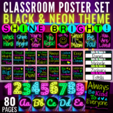 Black & Neon Classroom Poster Set • Rules, Glowing Decor, 