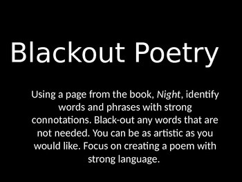 Black Out Poetry Using Night by Elie Wiesel by Elizabeth 
