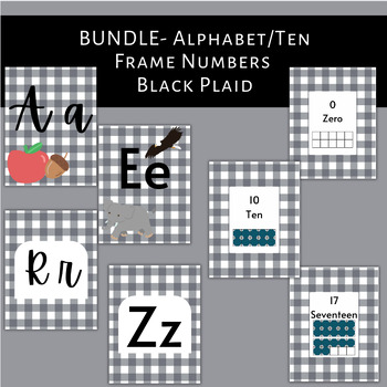 Preview of Black Plaid Alphabet and Ten Frame Number Posters- BUNDLE