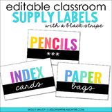 Black Stripe Colorful Classroom Supply Labels (EDITABLE)