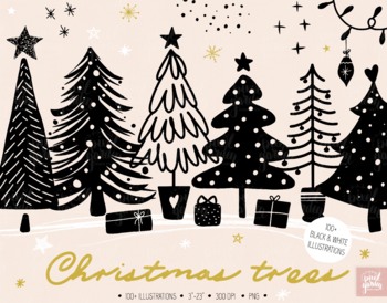 christmas trees clip art black and white