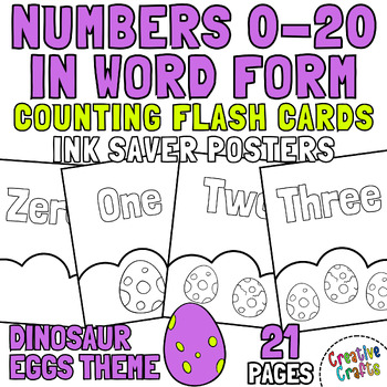 Preview of Black & White Flashcards Counting Numbers 0 to 20 in word form: Dinosaur Eggs