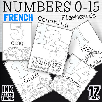 Preview of Black & White French Flashcards Counting Numbers 0 to 15 With Dinosaurs Theme