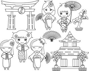 Download Black White Outline Kokeshi Japanese Dolls Svg Pdf Jpg Kids Color Book 1274s