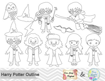 Preview of Black White Outline Little Wizard Digital Clip Art