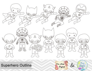 Preview of Black White Outline Superhero Boys Digital Clip Art