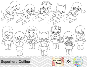 Preview of Black White Outline Superhero Girls Digital Clip Art