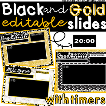 Preview of Classroom Slides with Timers in Black and Gold for Morning Message Templates