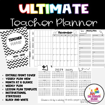 Preview of Black and White 24-25 Teacher Planner+ Editable Front Cover
