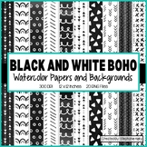 Black and White Boho Digital Paper, Watercolor Boho Clipart