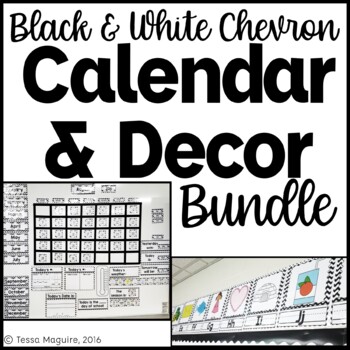 Preview of Black and White Chevron Classroom Calendar & Decor Bundle Editable