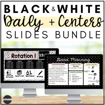 Preview of Black and White Classroom Decor | Daily Slides | Center Rotation Slides