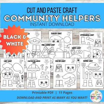 Preview of Black and White Community Helper Cut and Paste Craft Templates