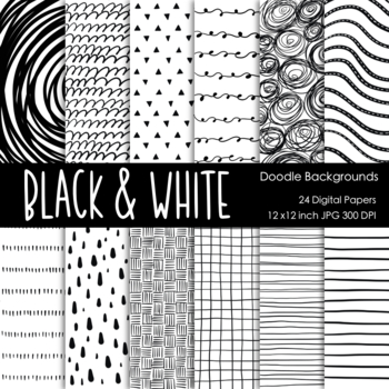 Black and White Doodle Backgrounds, 24 Digital Papers for Commercial Use #1
