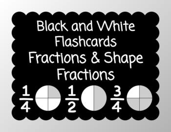 Preview of Black and White Fraction & Shape Fraction Flashcards (Up to Twentieths) BUNDLE