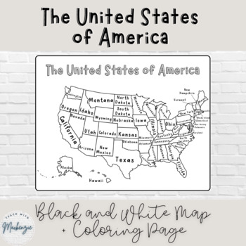 black and white map of the united states coloring page tpt