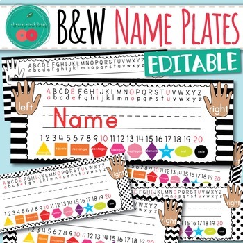 Preview of Black and White Name Plates | Name Tags With Alphabet Numbers and Shapes 