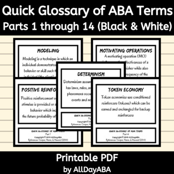 Preview of Quick Glossary of ABA Terms Parts 1 through 14: BCBA Exam Prep Flash Cards B&W