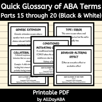 Preview of Quick Glossary of ABA Terms Parts 15 through 20: BCBA Exam Prep Flash Cards B&W