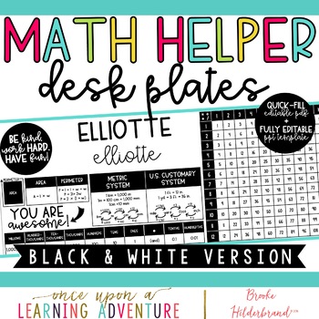 Preview of Black and White Student Desk Plates with Upper Grade Math Helpers