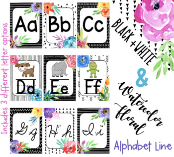 Preview of Black and White Watercolor Floral Alphabet Line