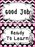 Black and White and Pink Zebra themed Behavior Clip Chart-7 Cards