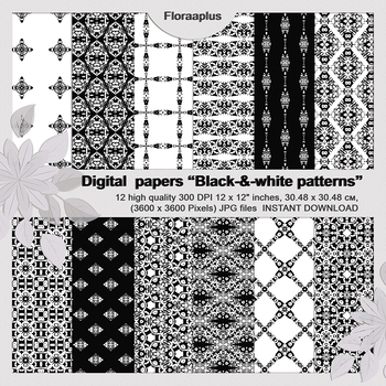 free digital flower doodle scrapbooking paper / printable black-and-white  gift w…