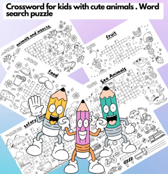 Preview of Black and white crossword Game for kids with safari animals | crossword workshee