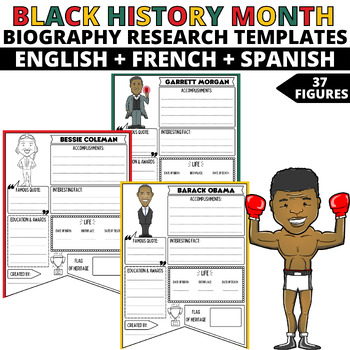 Preview of Black history month Biography Research Project in Spanish & English & French