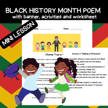 Preview of Black history month poem: mini lesson ( banner , activities and worksheets )