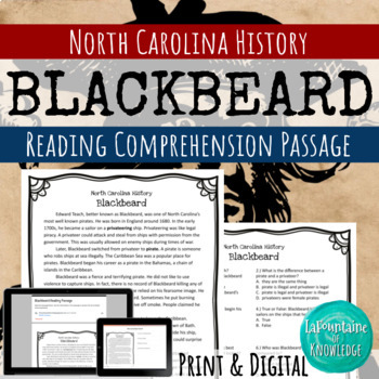 Preview of Blackbeard the Pirate Reading Comprehension Passage PRINT and DIGITAL