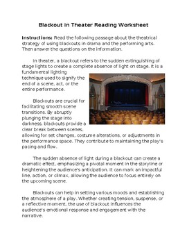 Preview of Blackout in Theater & Performing Arts Reading Worksheet **Editable**