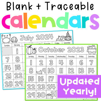 Preview of Blank + Traceable Monthly Calendar Templates, 2024 Calendar Number Tracing