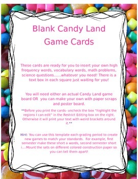 Preview of Blank Candy Land Game Cards