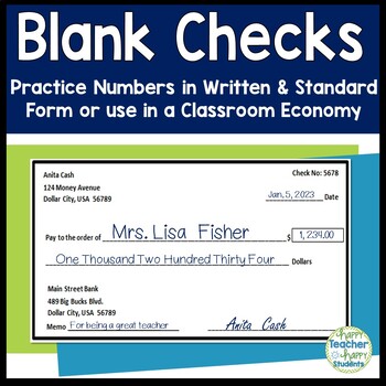 Preview of Blank Checks Templates:  Writing Large Numbers or Use in Classroom Economy