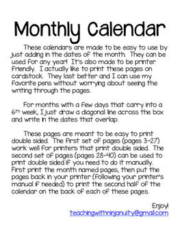 Blank Monthly Calendars Templates by Teaching with Ninjanuity | TpT