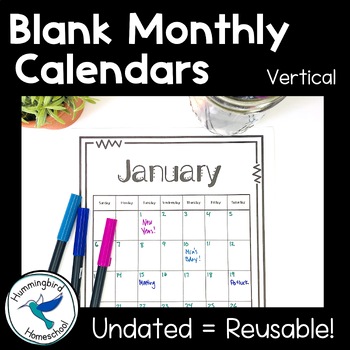 Blank Monthly Calendars (Vertical) | Undated + Reusable | Single Page ...