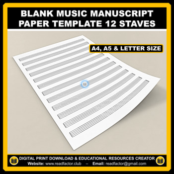 Preview of Blank Music Manuscript Paper Template 12 Staves - A4, A5 & Letter Size