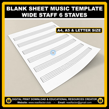 Preview of Blank Sheet Music Paper Template Wide Staff 6 staves - A4, A5 & Letter Size
