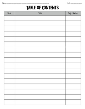 Blank Table of Contents Page by LC Science TPT