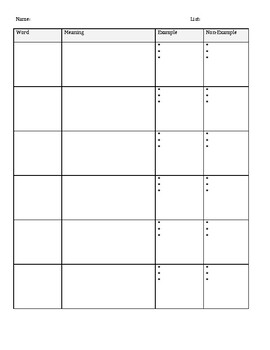 blank vocabulary note sheet 6 words by wallace s worksheets tpt