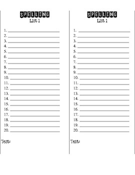 Preview of Blank half-sheet spelling lists: 20 words