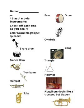 Preview of Blast the Movie Instrument Sighting Sheet for Elementary/ Middle Music Education