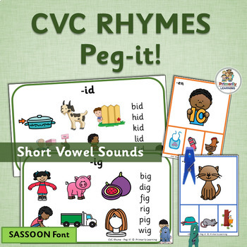 Preview of Blending CVC Words with Science of Reading CVC Word Peg-it Cards - SASSOON Font