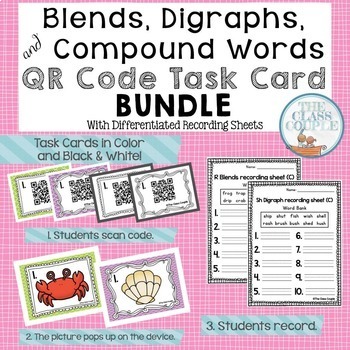 Preview of Blends, Digraphs, & Compound Words QR Code Task Card Bundle