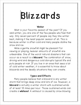 Preview of Blizzards Reading and Activity Packet