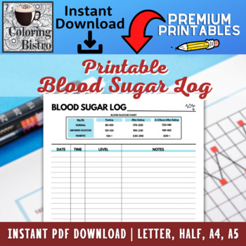 Preview of Blood Sugar Log Printable - Diabetes Reading Tracker - Blood Glucose Tracker
