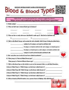 Preview of Blood Type Webquest (human health / blood drive / answer key / no prep)